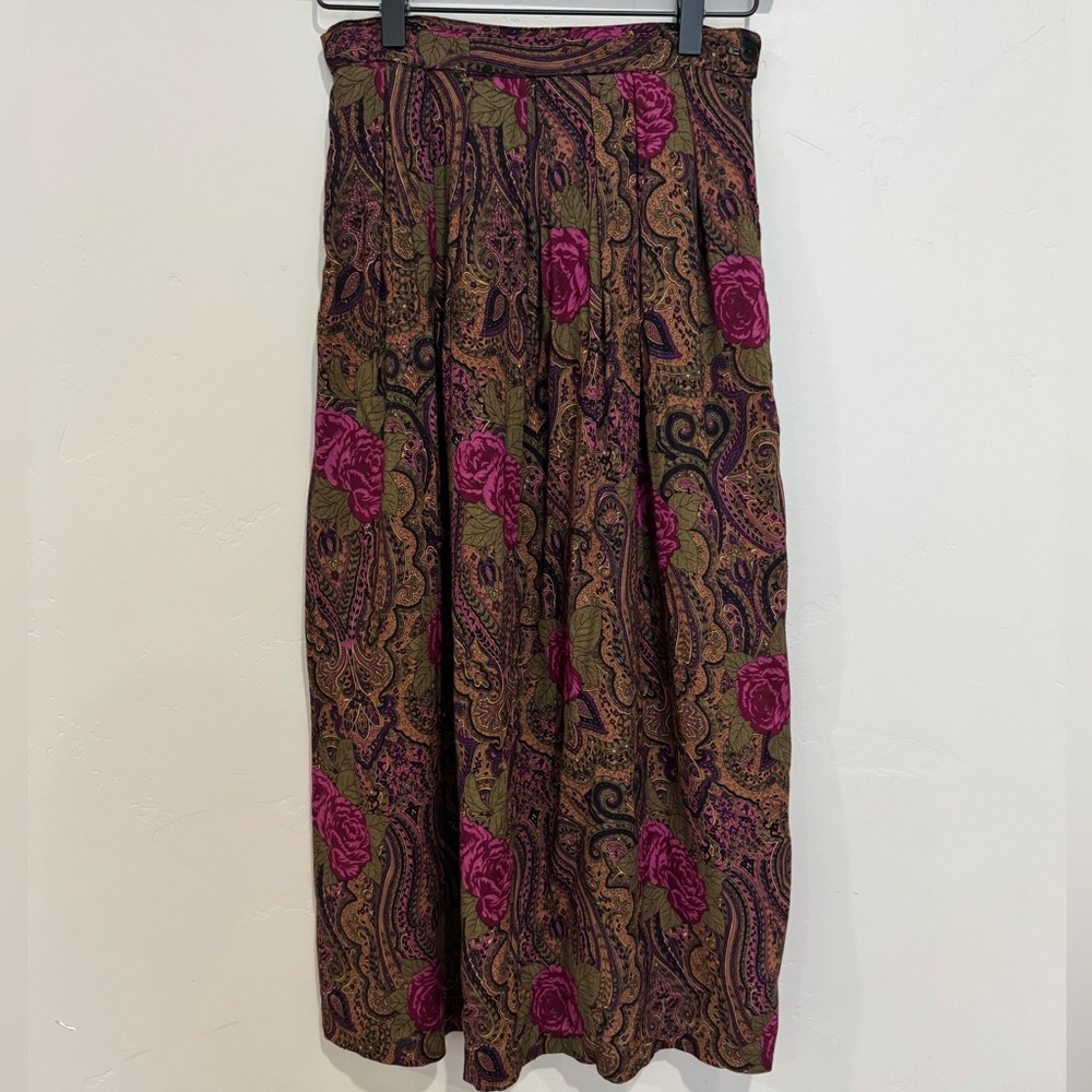 Vintage‎ Floral Paisley Midi Skirt Roses Boho Cottagecore Fall High Waist